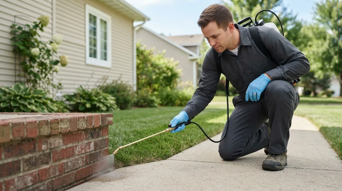 Pest control technician treating a home near Gravois Mills, MO